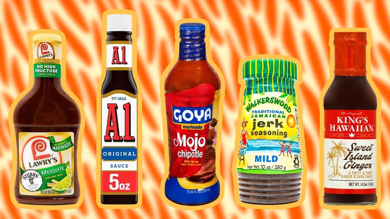 Variety of bottles of popular marinades 