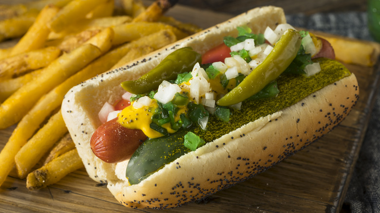 Chicago hot dog and fries